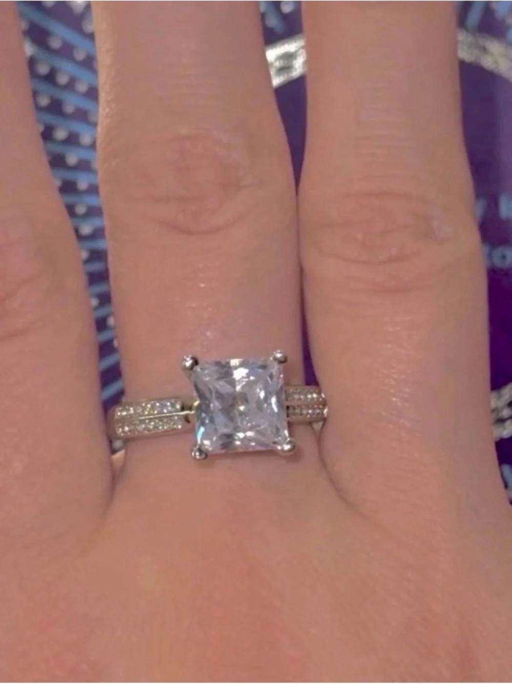 Princess Cut Moissanite Style Halo Ring PT950 Stamped Adjustable Band